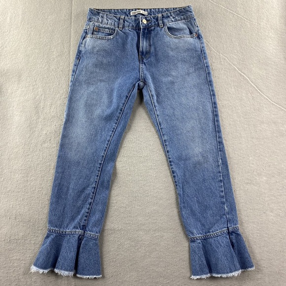 Zara Basic Jeans Womens 2 Cropped Mid Rise Frill Ruffled Hem Medium Wash 27x26.6 - Picture 1 of 11